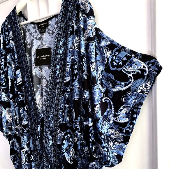 1X NWT Liz Claiborne Topper Kimono Top Dolman Blouse Boho Blue Black - Picture 3 of 7